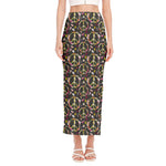 Hippie Peace Sign Flower Pattern Print Side Slit Maxi Skirt