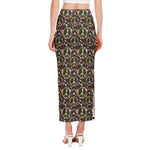 Hippie Peace Sign Flower Pattern Print Side Slit Maxi Skirt