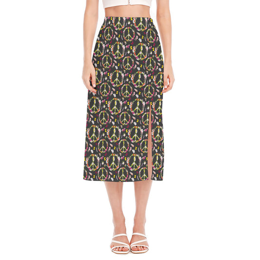Hippie Peace Sign Flower Pattern Print Side Slit Midi Skirt