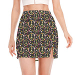 Hippie Peace Sign Flower Pattern Print Side Slit Mini Skirt