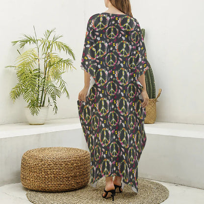 Hippie Peace Sign Flower Pattern Print Silk V-Neck Kaftan Dress