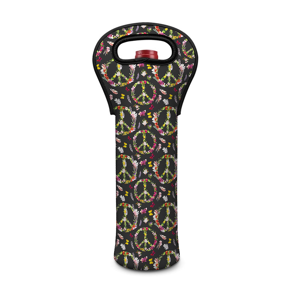 Hippie Peace Sign Flower Pattern Print Single Neoprene Wine Tote