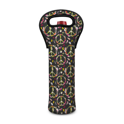 Hippie Peace Sign Flower Pattern Print Single Neoprene Wine Tote