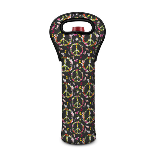 Hippie Peace Sign Flower Pattern Print Single Neoprene Wine Tote