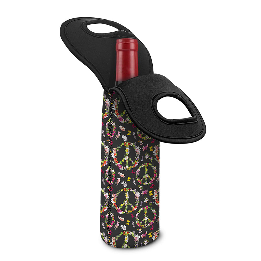Hippie Peace Sign Flower Pattern Print Single Neoprene Wine Tote
