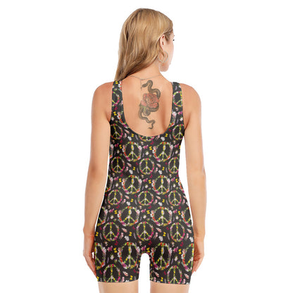 Hippie Peace Sign Flower Pattern Print Sleeveless One Piece Swimsuit