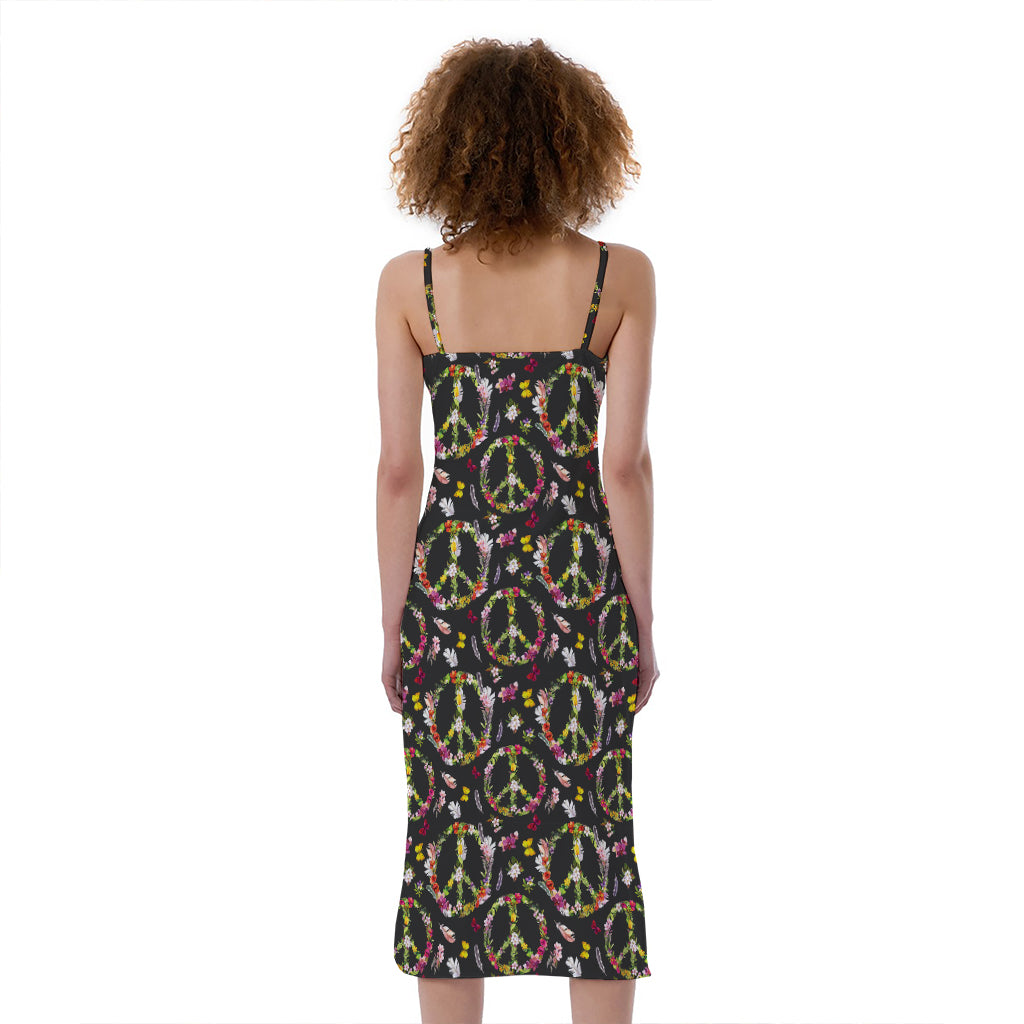 Hippie Peace Sign Flower Pattern Print Slim Fit Midi Cami Dress