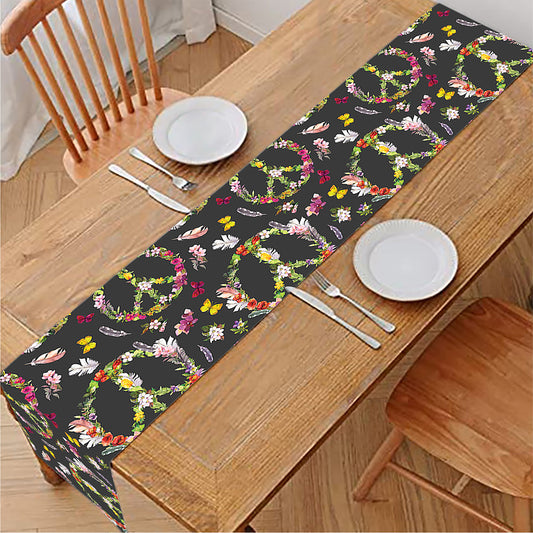Hippie Peace Sign Flower Pattern Print Table Runner