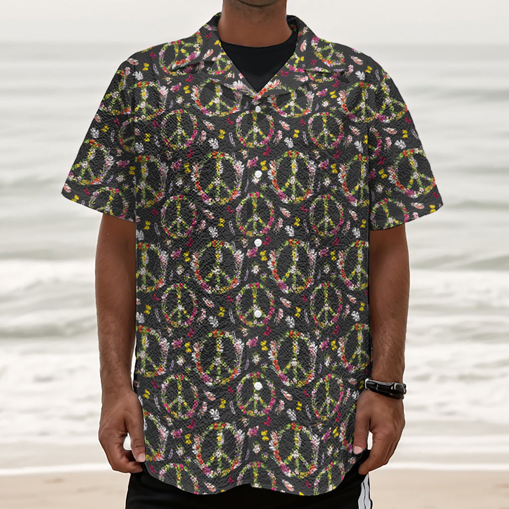 Hippie Peace Sign Flower Pattern Print Textured Short Sleeve Shirt