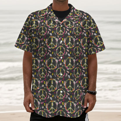Hippie Peace Sign Flower Pattern Print Textured Short Sleeve Shirt