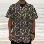 Hippie Peace Sign Flower Pattern Print Textured Short Sleeve Shirt