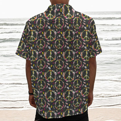 Hippie Peace Sign Flower Pattern Print Textured Short Sleeve Shirt