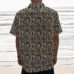 Hippie Peace Sign Flower Pattern Print Textured Short Sleeve Shirt