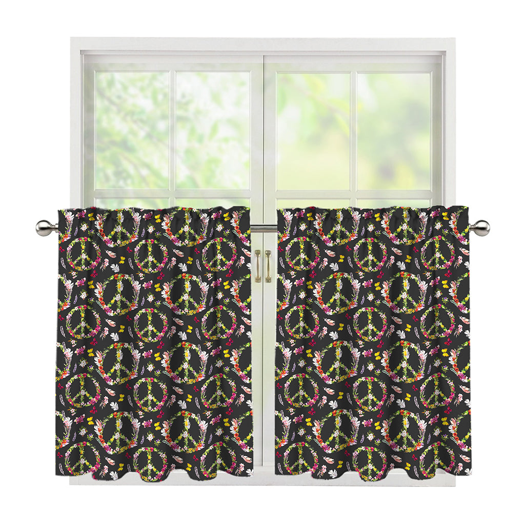 Hippie Peace Sign Flower Pattern Print Tier Curtains