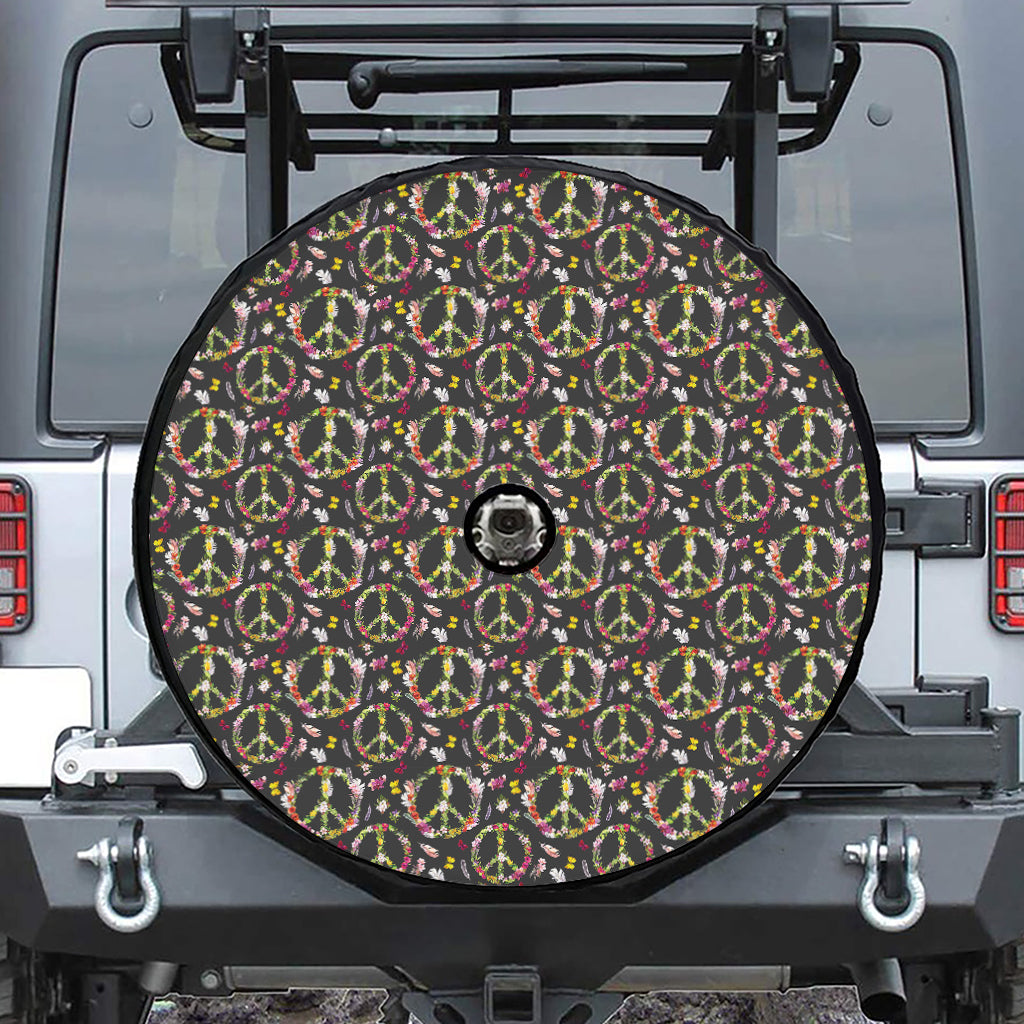 Hippie Peace Sign Flower Pattern Print Tire Cover With Camera Hole