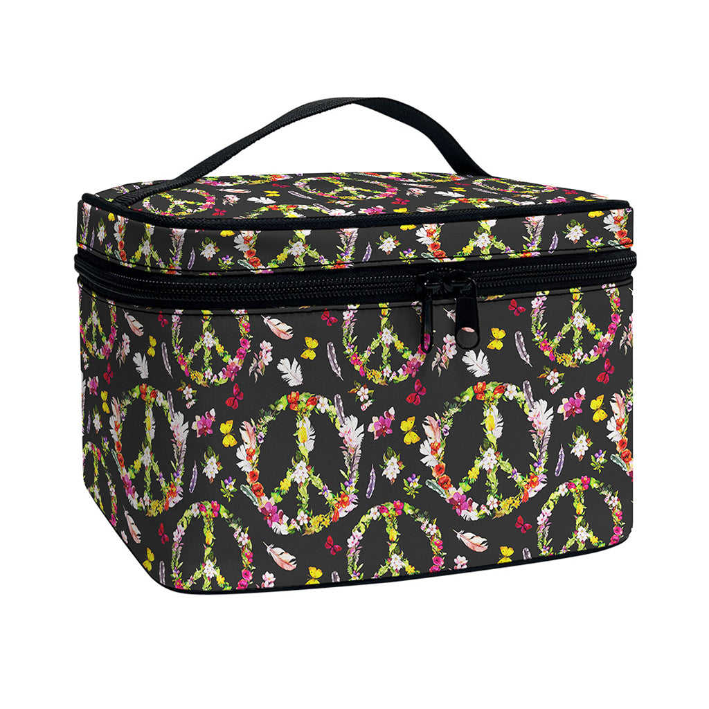 Hippie Peace Sign Flower Pattern Print Travel Makeup Bag