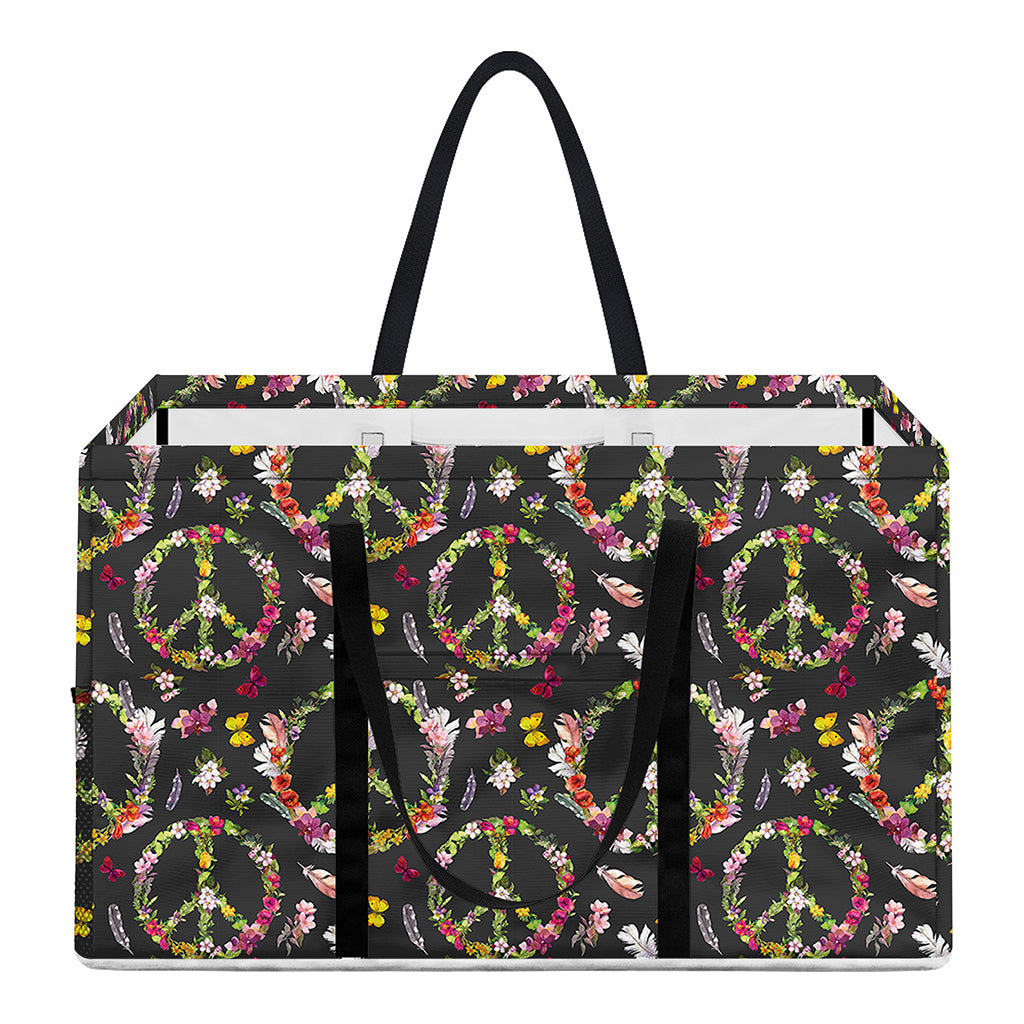 Hippie Peace Sign Flower Pattern Print Utility Tote Bag