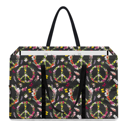 Hippie Peace Sign Flower Pattern Print Utility Tote Bag