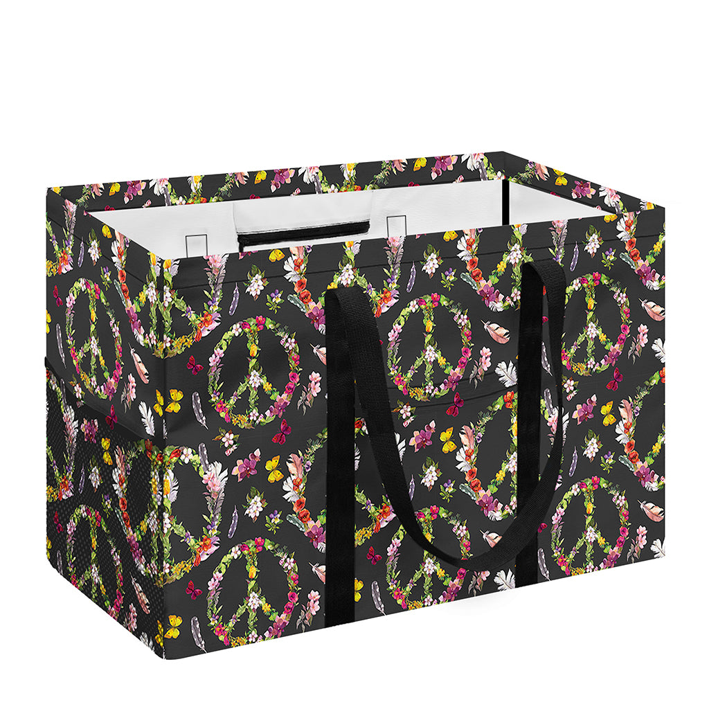 Hippie Peace Sign Flower Pattern Print Utility Tote Bag