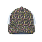 Hippie Peace Sign Flower Pattern Print White Mesh Trucker Cap