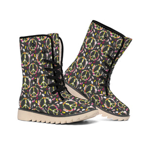 Hippie Peace Sign Flower Pattern Print Winter Boots