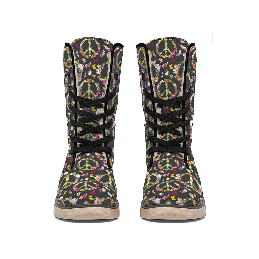 Hippie Peace Sign Flower Pattern Print Winter Boots