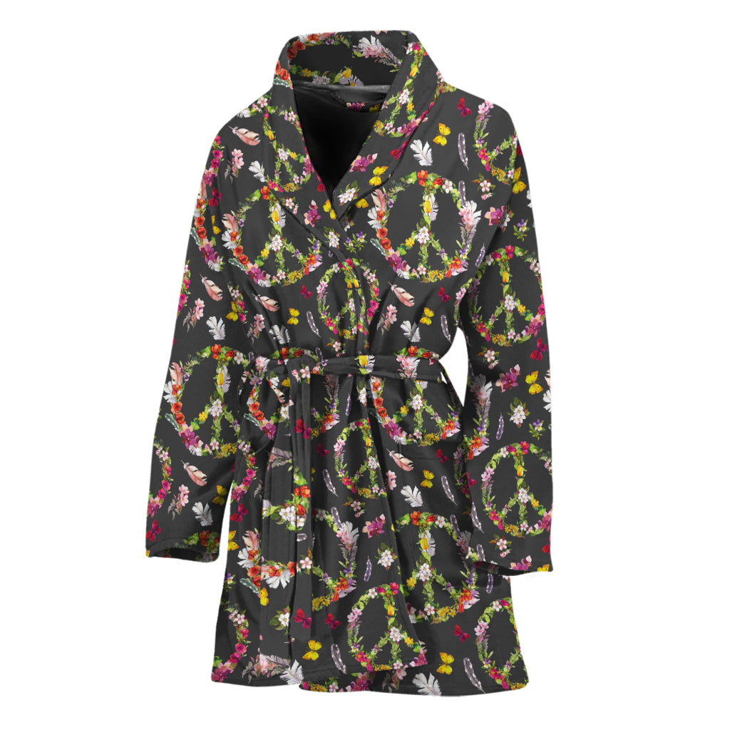 Hippie Peace Sign Flower Pattern Print Women's Bathrobe