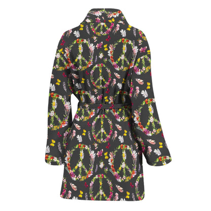 Hippie Peace Sign Flower Pattern Print Women's Bathrobe