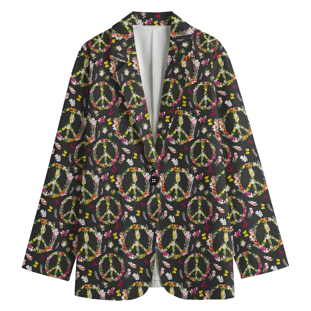 Hippie Peace Sign Flower Pattern Print Women's Cotton Blazer