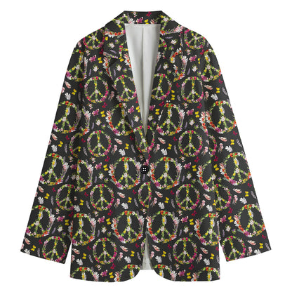 Hippie Peace Sign Flower Pattern Print Women's Cotton Blazer