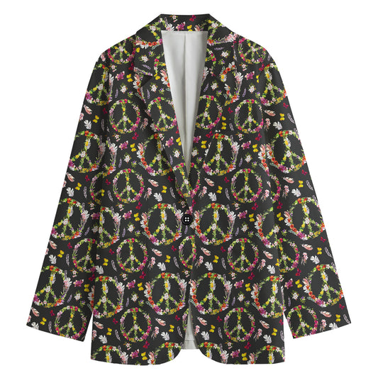 Hippie Peace Sign Flower Pattern Print Women's Cotton Blazer
