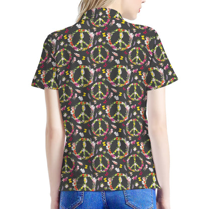 Hippie Peace Sign Flower Pattern Print Women's Polo Shirt