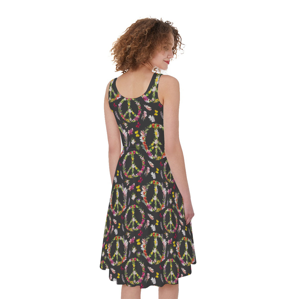 Hippie Peace Sign Flower Pattern Print Women's Sleeveless Dress