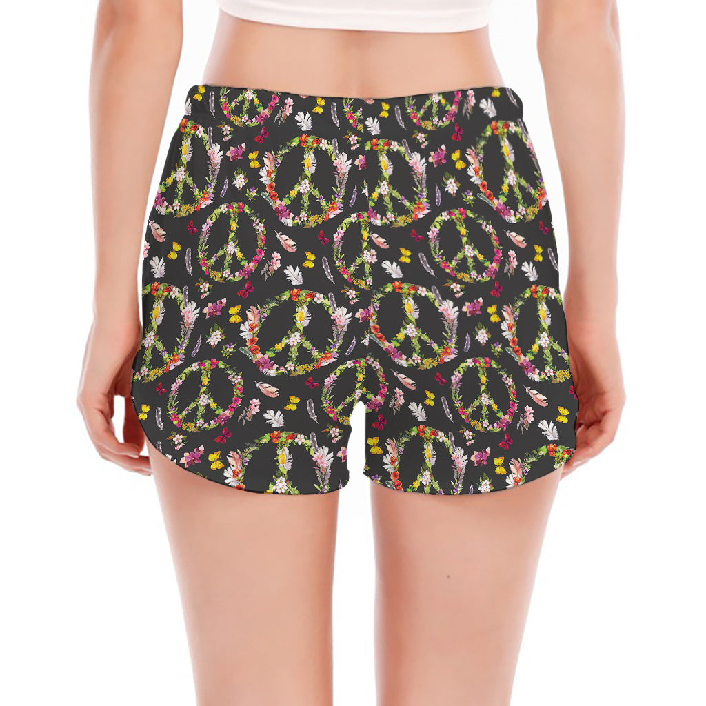 Hippie Peace Sign Flower Pattern Print Women's Split Running Shorts
