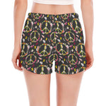Hippie Peace Sign Flower Pattern Print Women's Split Running Shorts
