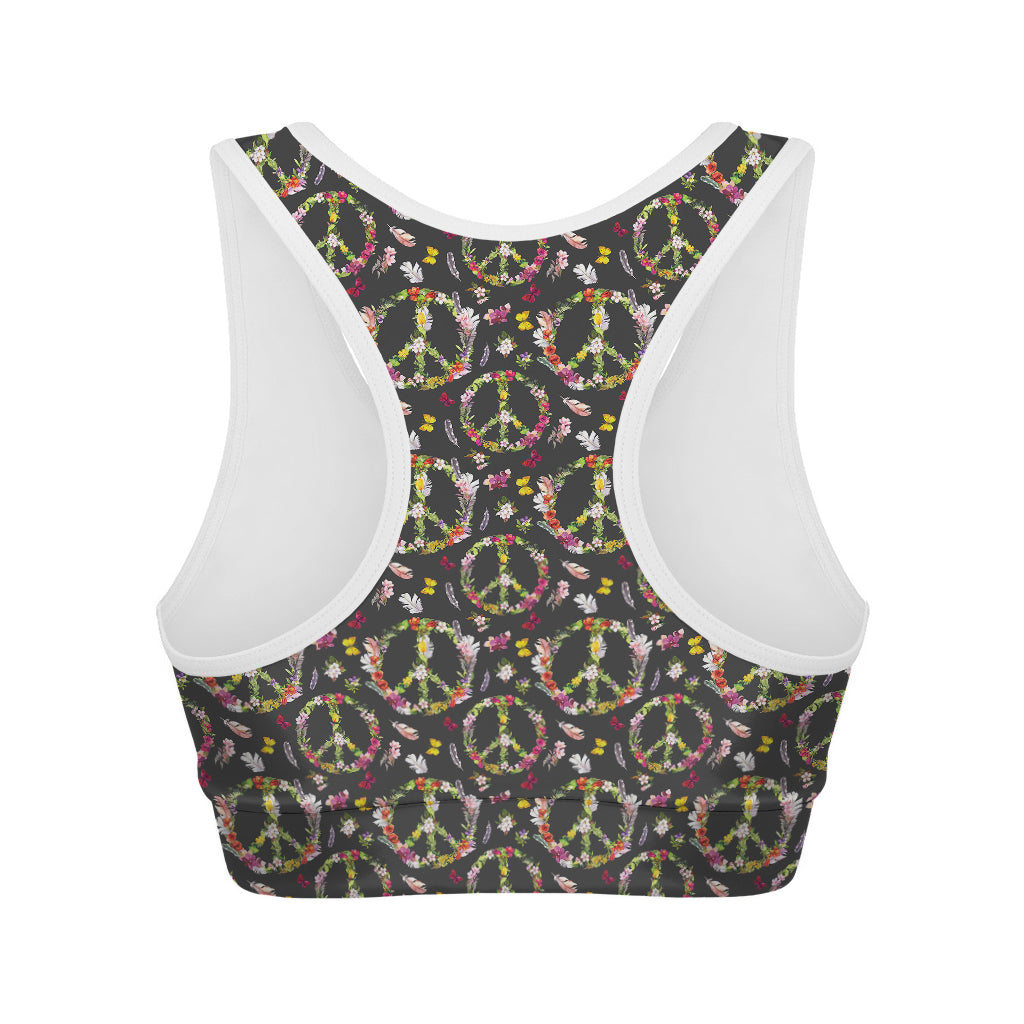 Hippie Peace Sign Flower Pattern Print Women's Sports Bra