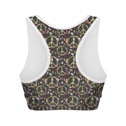 Hippie Peace Sign Flower Pattern Print Women's Sports Bra