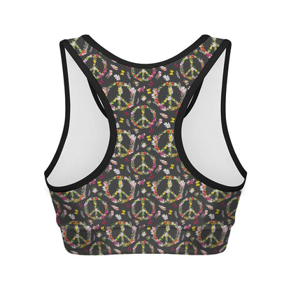Hippie Peace Sign Flower Pattern Print Women's Sports Bra