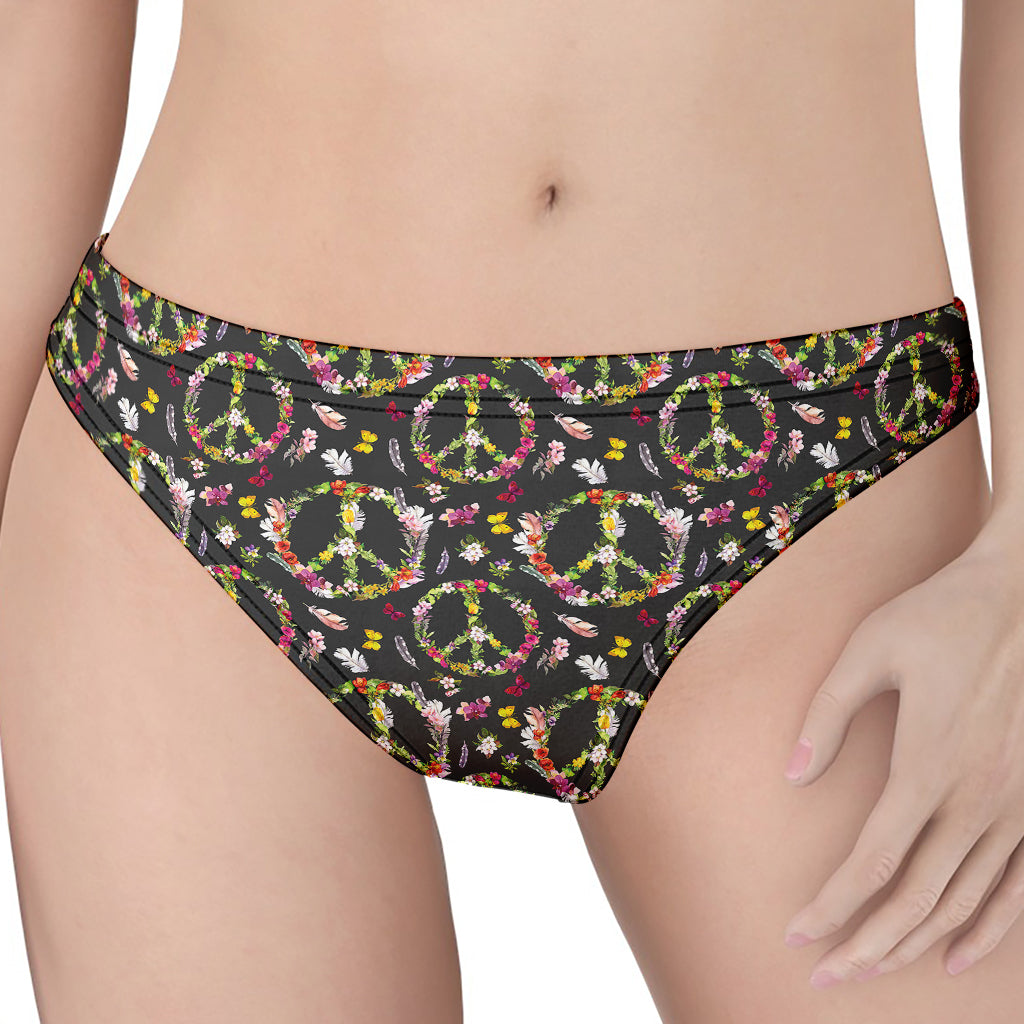 Hippie Peace Sign Flower Pattern Print Women's Thong