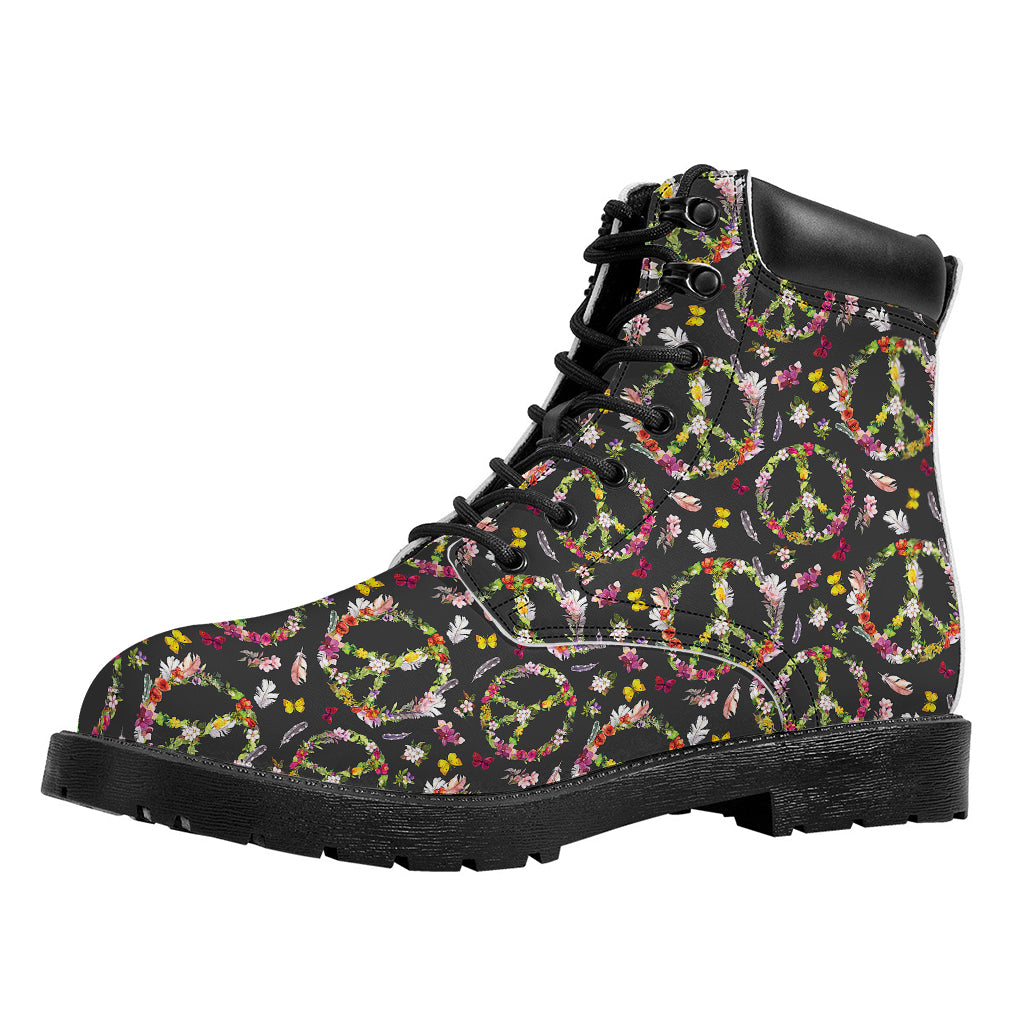 Hippie Peace Sign Flower Pattern Print Work Boots