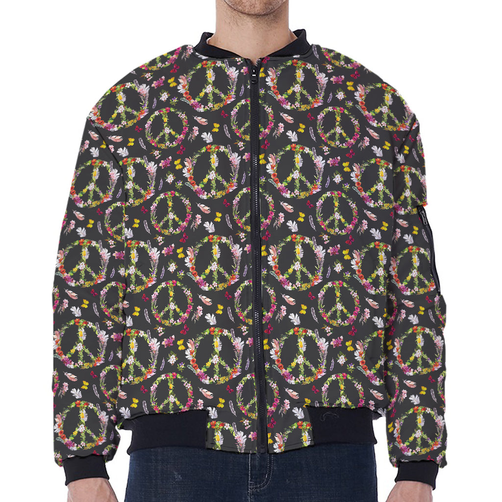 Hippie Peace Sign Flower Pattern Print Zip Sleeve Bomber Jacket