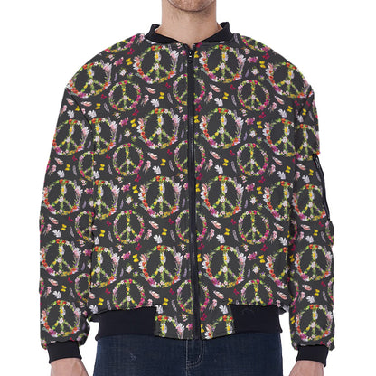 Hippie Peace Sign Flower Pattern Print Zip Sleeve Bomber Jacket