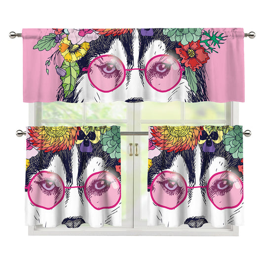 Hippie Siberian Husky Print 3 Piece Kitchen Curtains