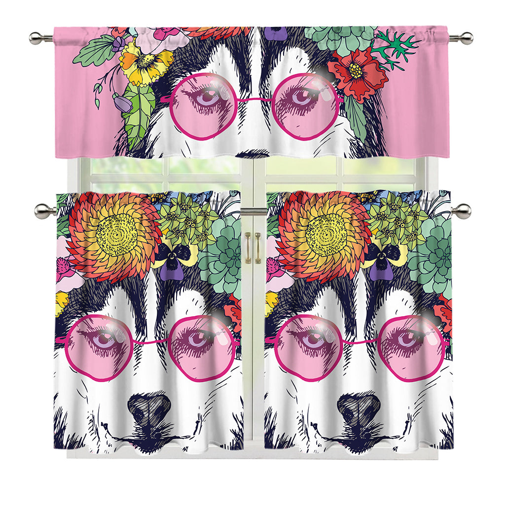 Hippie Siberian Husky Print 3 Piece Kitchen Curtains