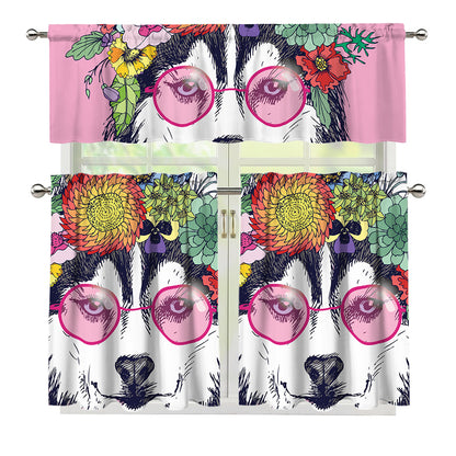 Hippie Siberian Husky Print 3 Piece Kitchen Curtains