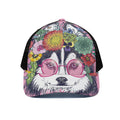 Hippie Siberian Husky Print Black Mesh Trucker Hat