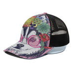 Hippie Siberian Husky Print Black Mesh Trucker Cap