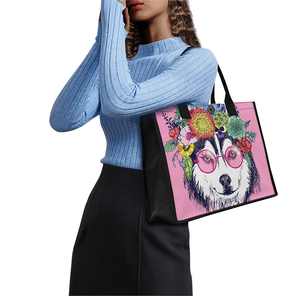 Hippie Siberian Husky Print Canvas Tote Bag