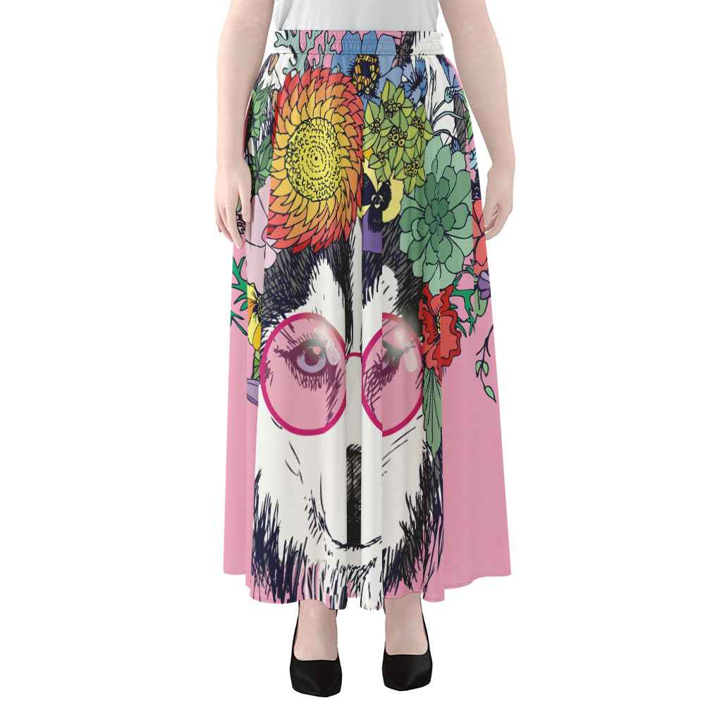 Hippie Siberian Husky Print Chiffon Maxi Skirt