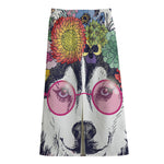 Hippie Siberian Husky Print Cotton Front Slit Maxi Skirt